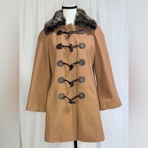 Anthropologie Elevenses Wool Blend Jacket Tan Coat with Faux Fur Collar Size 8